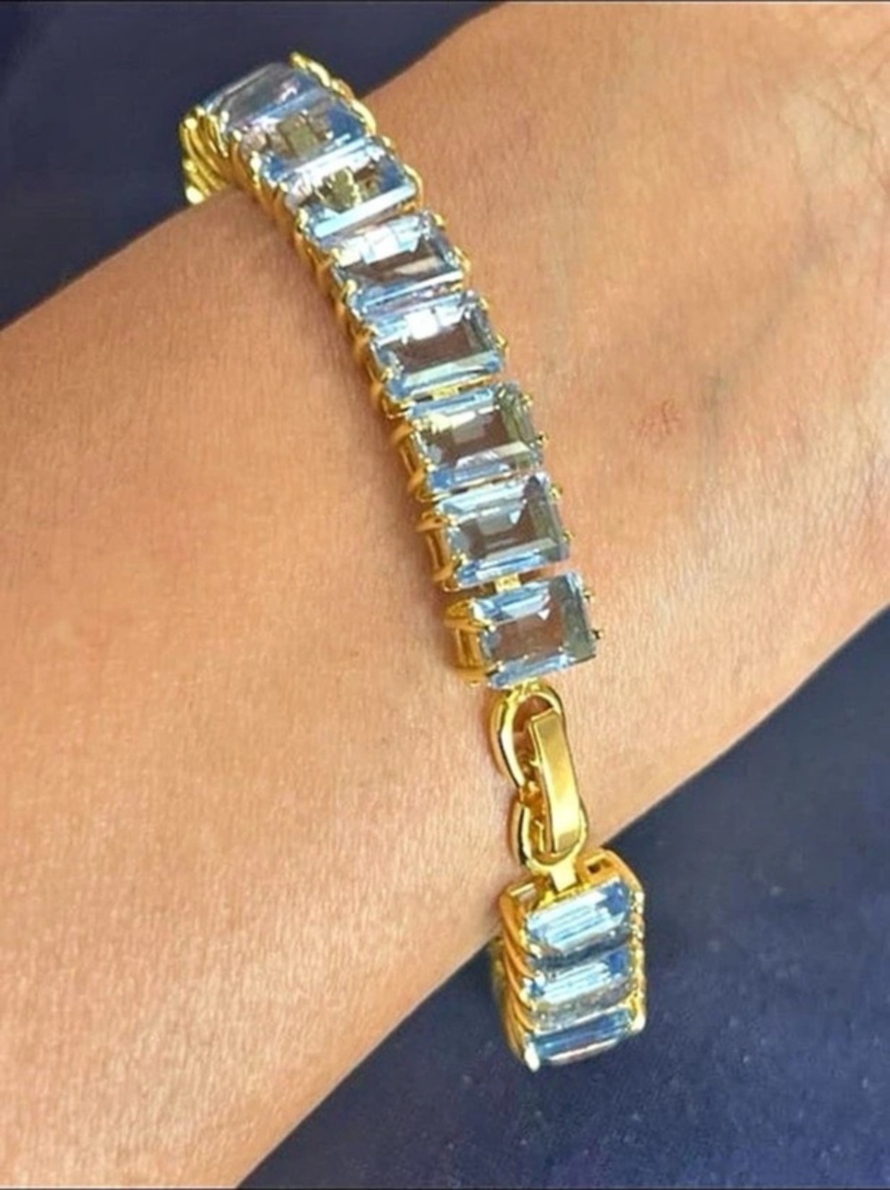 925 Silver Aquamarine Emerald Cut Tennis Bracelet with 14kt gold plating #532